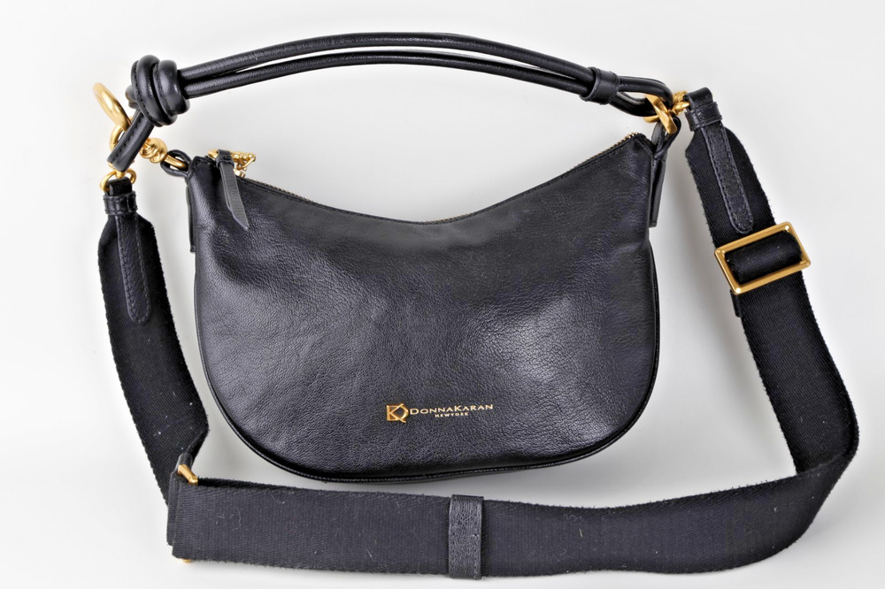 Donna Karan Roslyn Black Leather Knotted Handle Crescent Crossbody Shoulder Bag